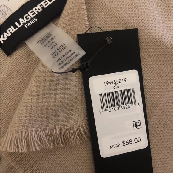 Karl Lagerfeld Paris Camel Rectangular Scarf Studded Logo & Eiffel Tower OS NWT - Picture 2 of 12